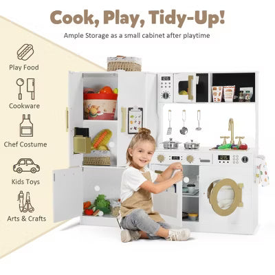 TODECARE Wooden Play Kitchen for Kids with Ice Maker, Freezer and Washing Machine, Gift for Boys and Girls Age 3+