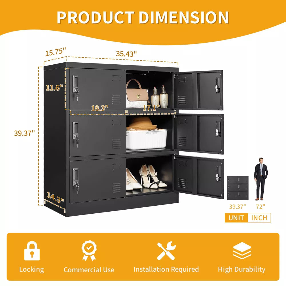 VIYET 6-Door Metal Storage Locker with Lock and Card Slot, Freestanding Office, Gym, School & Home Storage Cabinet, Durable Black Steel
