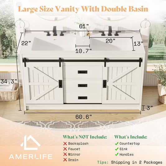 AMERLIFE Double Farmhouse Bathroom Vanity with Sink, with Sliding Doors & Drawers