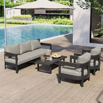 ELJGET 4 Pieces Patio Furniture Set with Cushions, Outdoor Iron Conversation Set for Poolside Backyard, Light Gray