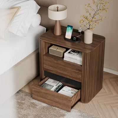 Qwatto Unique Walnut Nightstand Charging Station 2 Drawers Roller Blind Design Rounded Modern Bedside Table Mid Century End Table Bedroom Storage