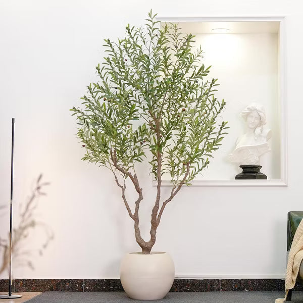 7FT Artificial Olive Tree with 16 Inch White Planter, Faux Olive Tree Realistic Leaves Lifelike Fruits Natural Trunk, Home Office Decor