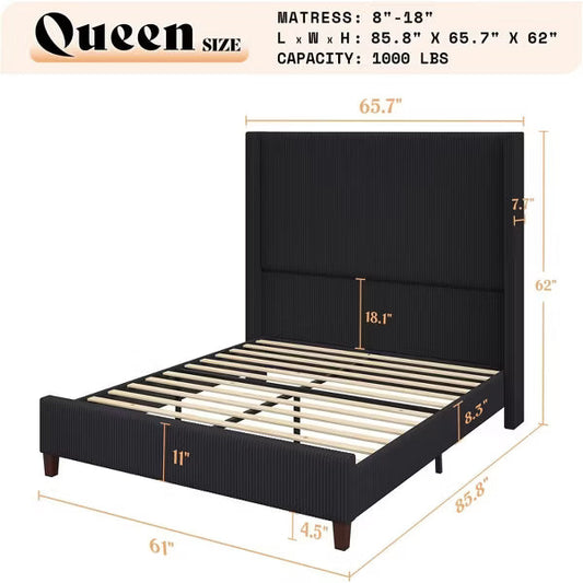 AMERLIFE Size 62" Corduroy Upholstered Bed Frame Extra Tall Wingback Headboard