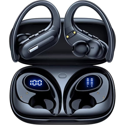 Active Noise Cancelling Wireless Earbuds Bluetooth Headphones 90 Hrs Playtime Ear Buds with Power Display Over-Ear Earphones with Earhooks IPX7 Black