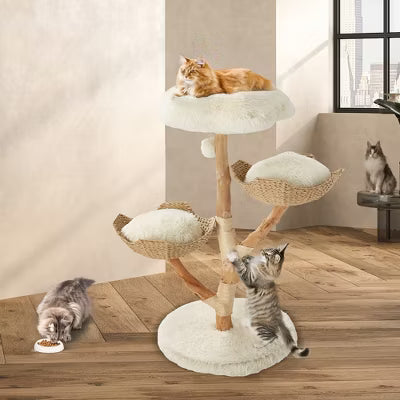 EROMMY Natural Wood Cat Tower, Cute Cat Tree for Indoor Cats, White