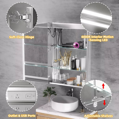 FAMYYT 20x28 inch Aluminum LED Bathroom Medicine Cabinet with Mirror and Lights, Surface/Recessed Vanity, Anti-Fog, Left Hinge