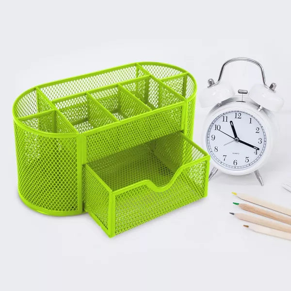 9-Compartment Metal Mesh Desk Organizer with 4 Pen Cups, 4 Trays and Drawer, Non-Slip Feet for a Tidy Home or Office Workspace - Green