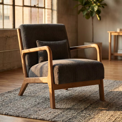 Nordhavn Corduroy Accent Chair with Solid Wood Frame & Lumbar Pillow, Mid-Century Lounge Armchair for Living Room, Dorm, Apartment, Charcoal Gray