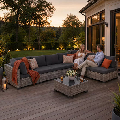 7 Pieces Wicker Outdoor Patio Furniture Set, Patio Sectional Sofa with Coffee Table, All-Weather Outdoor Sectional Furniture for Garden Backyard