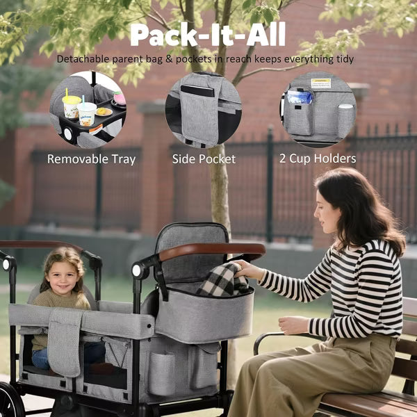 TODECARE Stroller Wagon Folding Baby Stroller for 2 Kids with Removable Canopy and Adjustable Handle, Gray