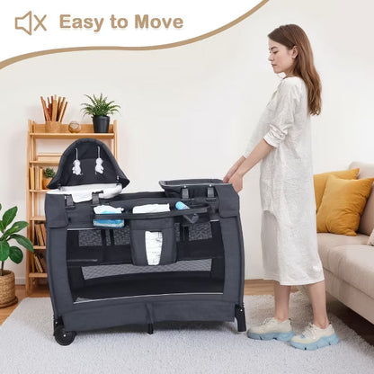 Kinder King 4-in-1 Convertible Baby Playard with Bassinet, Diaper Changer, Cradle&Bedside Sleeper, Breathable Mesh, Storage Organizer&Lockable Wheels