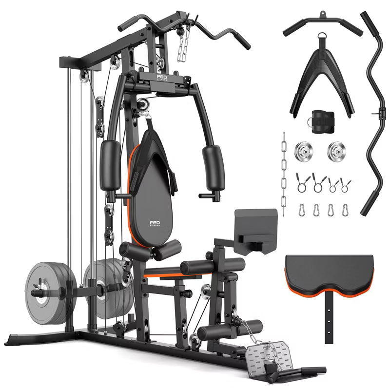 FED Fitness Home Gym, 240LB Plate-Loaded Multifunctional Workout Station | Full-Body Exercise Equipment, Workout Equipment and Fitness Equipment