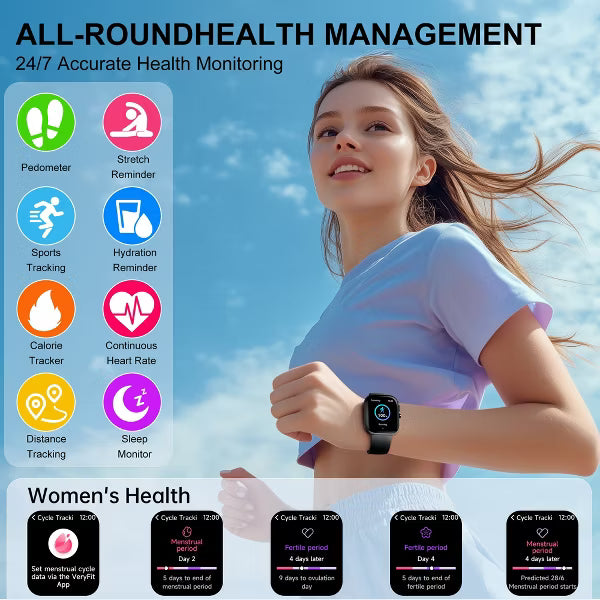 Smart Watch for Men Women, 2.01" HD Touchscreen, Bluetooth Call, IP68 Waterproof, 180+ Sports Modes, Health & Sleep Tracker, for Android iOS, Black