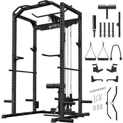 Mikolo Power Cage with Dual-Track Smooth Pulley System, All-in-One Power Rack for Home Gym Training(Black)