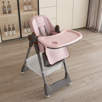 ELJGET Adjustable Baby High Chair 0-6 Years, Portable Foldable Infant Seat with 5-Point Belt, Wheels, 5 Height & Recline Settings, Easy-Clean, Pink