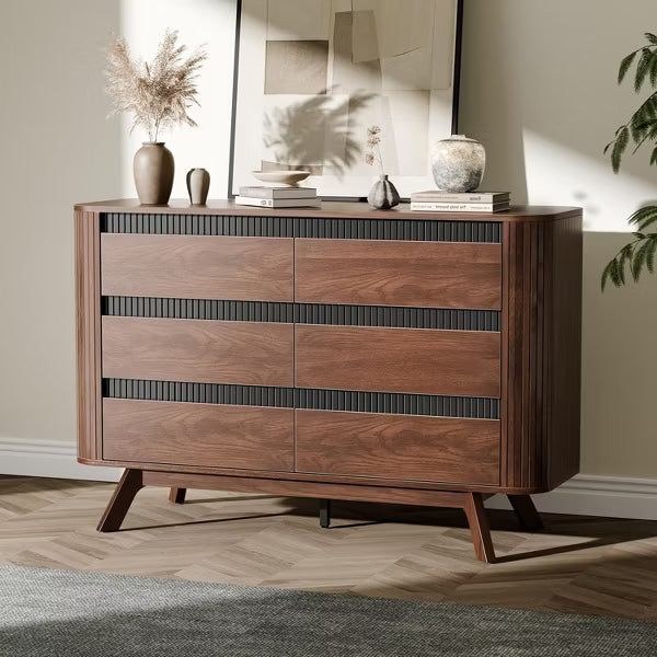 Qwatto 6 Drawer Walnut Dresser for Bedroom 47.2" Wide Fluted Chest of Drawers Modern Curved Design Clothes Storage Organizer Hallway Dark Wood Finish