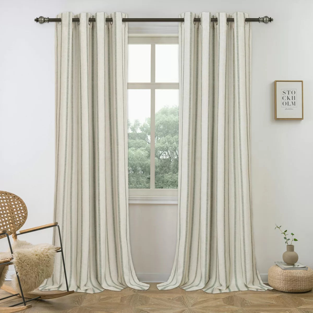 DriftAway Farmhouse Linen Blackout Curtains for Living Room Striped Lined Grommet Rustic Drapes Loden Green Stripe 52X84
