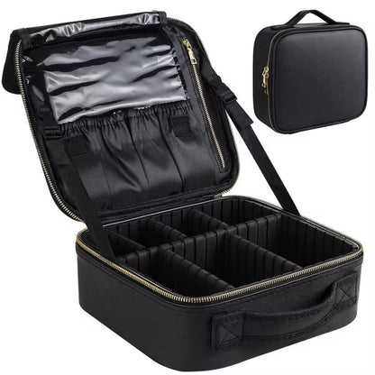 Travel Makeup Bag Organizer With Adjustable Dividers，Waterproof Shockproof Handbag, Black