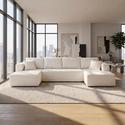 132" Modern U-Shaped Sectional Sofa - Comfy Corduroy Cloud Couch - Minimalist Memory Foam Sleeper Sofa, No Assembly Required