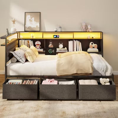 Qwatto Twin Size Corner Bed Frame with Storage Drawers and Bookcase LED Lights Charging Station Upholstered Daybed Platform Bed No Box Spring Needed