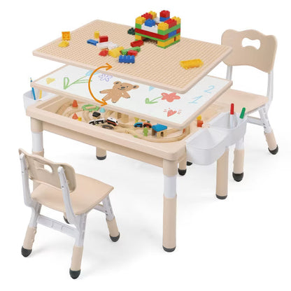 Kinder King Kids Play Table with 2 Chairs, Block Surface, Paper Roll, Built-In Storage