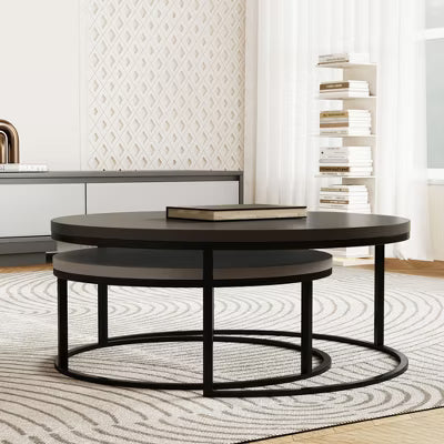 Gaoyangjiaju 31.5/23.7 In, Modern Round Coffee Table Set, Nesting Cocktail Tables with Black Metal Legs