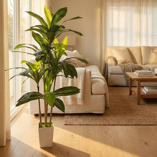 5FT Artificial Dracaena Tree Indoor Fake Tree with White Tall Planter Artificial Tree Fake Yucca Potted Tree for Home Office Living Room Decor