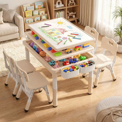TODECARE Kids Height-Adjustable Table and 4 Chairs Set with Large Storage and Reversible Activity Desktop, Beige