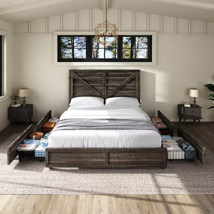 48.8" H Bed Frame with 4 Storage Drawers, Barn Door Headboard, Rustic Wood Grain, No Box Spring Needed
