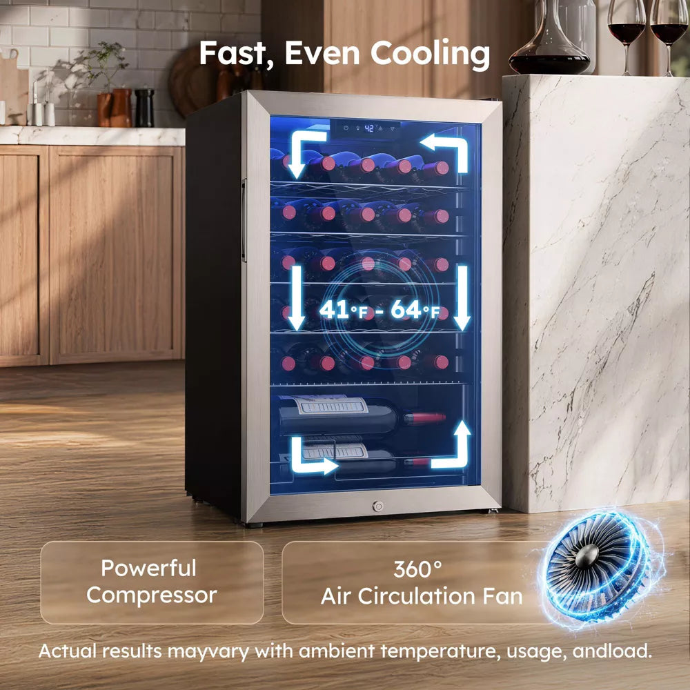 Simzlife 30 Bottle/3.2 cu. ft. Wine Refrigerator, Powerful Cooling & Insulation, Quiet Operation, Silver