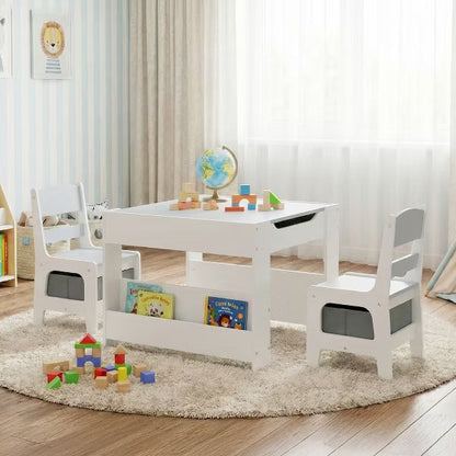 TODECARE 4 in 1 Kids Wooden Table and 2 Chairs Set with Double Bookcase and Blackboard for Kids, Gray