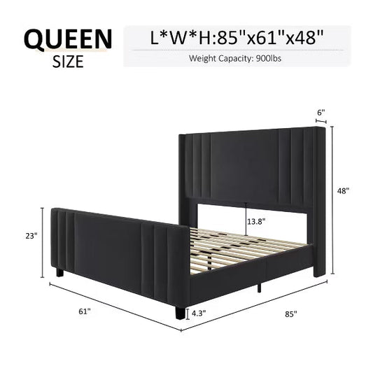 AMERLIFE Velvet Upholstered Platform Bed with Vertical Channel Tufted Headboard/Wingback