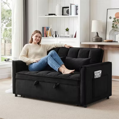 ELJGET 3-in-1 Convertible Sofa Bed with Pull Out Bed, Modern Velvet Double Sleeper Sofa, Adjustable Sleeper Chair Bed for Office, Living Room, Black