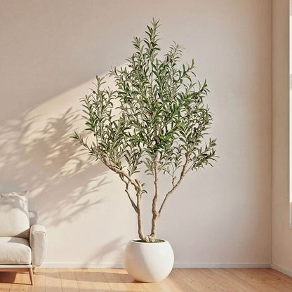 7FT Artificial Olive Tree with 16 Inch White Planter, Faux Olive Tree Realistic Leaves Lifelike Fruits Natural Trunk, Home Office Decor