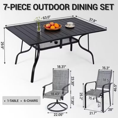 BOSMILLER 7-Piece Outdoor Dining Set with 2 Swivel & 4 Regular Textilene Chairs, Rectangular Table for Garden, Backyard, Poolside, Deck - Grey