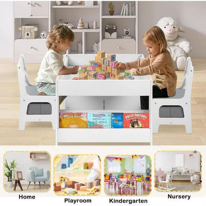 Kinder King Kids Wood Table & 2 Chairs Set, 4 in 1 Children Activity Table w/Double Bookcase, Blackboard, Toddler Furniture Set