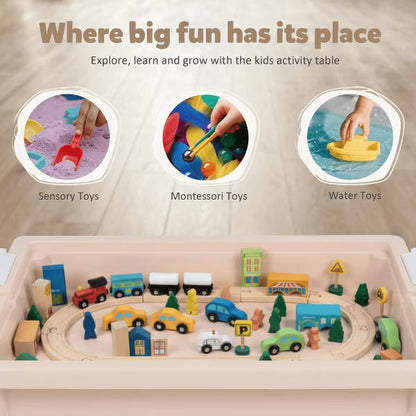 Kinder King Kids Play Table with 2 Chairs, Block Surface, Paper Roll, Built-In Storage