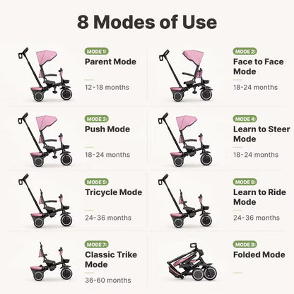 TODECARE 8-in-1 Kids Folding Tricycle with Adjustable Push Handle, Pink