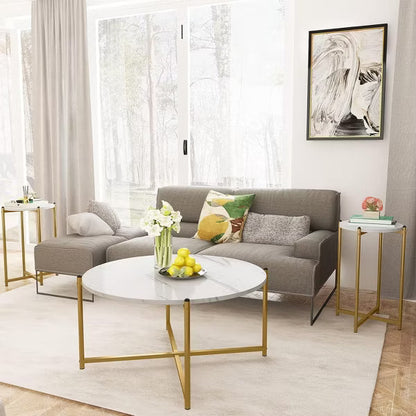 Hooseng Coffee Table Set of 3,Modern Faux Marble Top with Golden Frame Coffee Table & 2 Accent Table for Apartment,Office