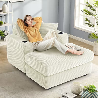 Hyleory Corduroy Chaise Lounge Chair Single Seater Recliner with Ottoman Modern Accent Chair for Living Room or Bedroom