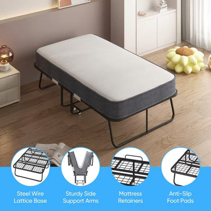 Mjkone Folding Bed with 5''Mattress,Portable Guest Bed Camping Cot,Soft Padded Rollaway Sleeping Bed-75x51''Twin