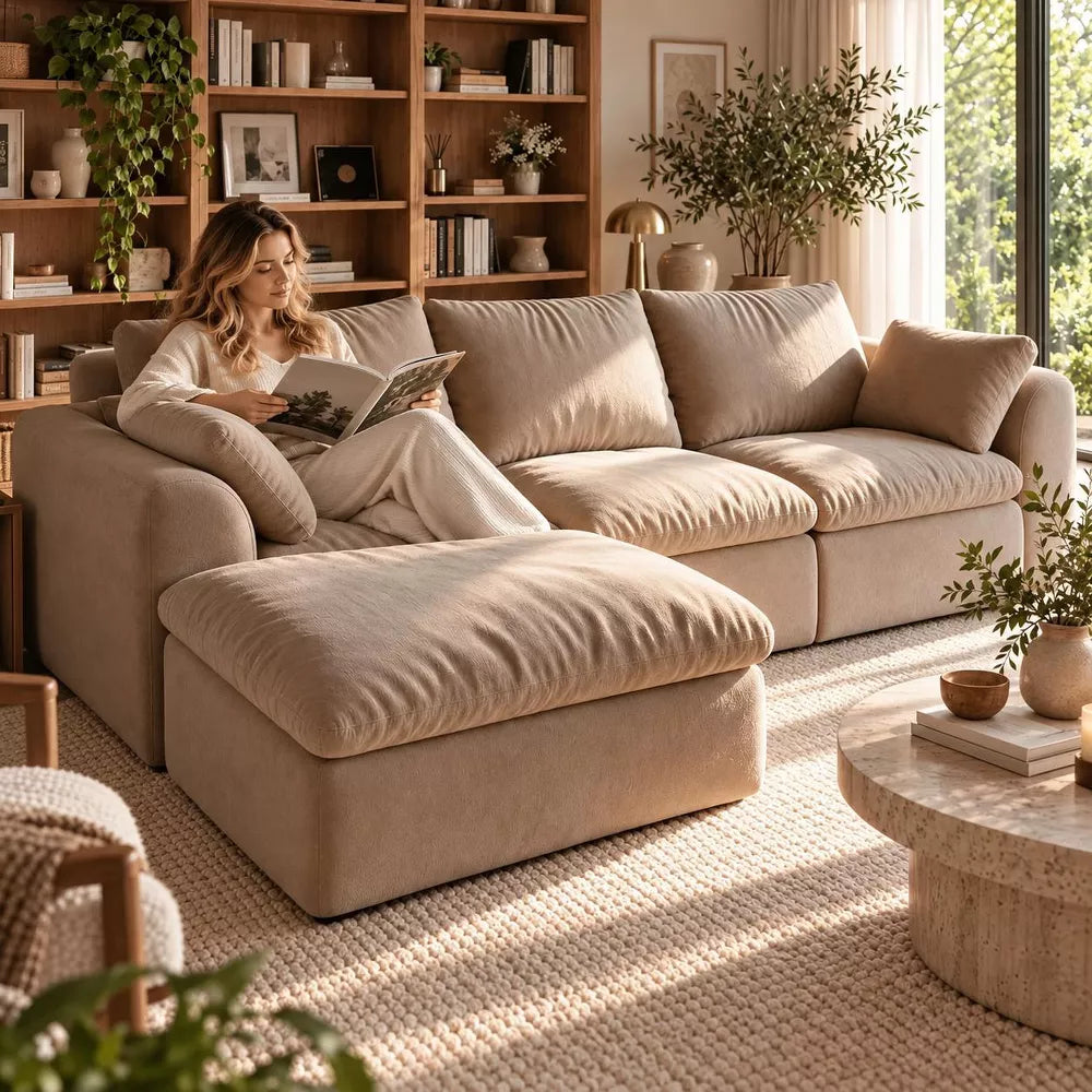 Laukingdom 96.5" L‑Shaped 4‑Seat Modular Sectional Sofa with Single Chaise, Deep‑Seat Corner Couch, Textured Woven Fabric Sofa for Living Room