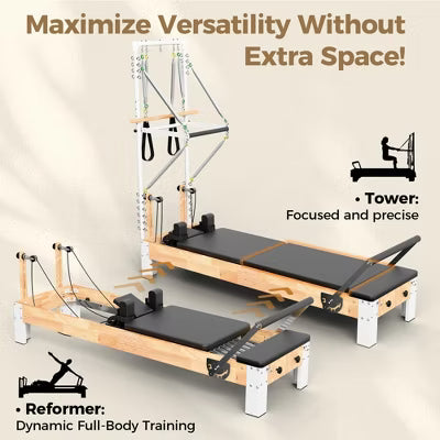PAETA Pilates Reformer, Wooden Pilates Machine with Tower & Mat, for Home and Studio, Includes Sitting Box and Jumpboard