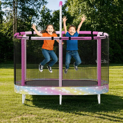 Hooseng 60" Oval Trampoline for Kids, 5 FT Indoor & Outdoor Toddler Trampoline with Safety Enclosure, Adjustable Gymnastics Bar, Swing & Toys