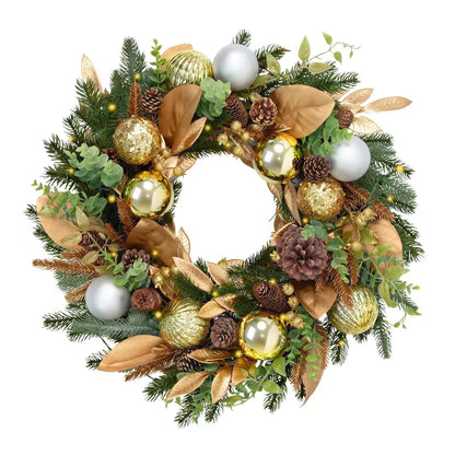 Romswi 24in Pre-Lit Artificial Christmas Wreath Realistic PE PVC Botanical Battery-Powered Holiday Decoration with Timer LED Lights for Front Door