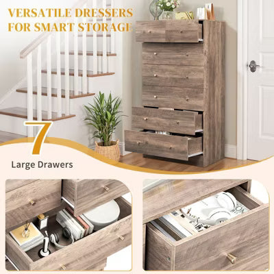 Karl Home Large 7-Drawer Dresser for Bedroom and Chest of Drawers with Sturdy Construction Wood Storage Organizer for Closet In Grey