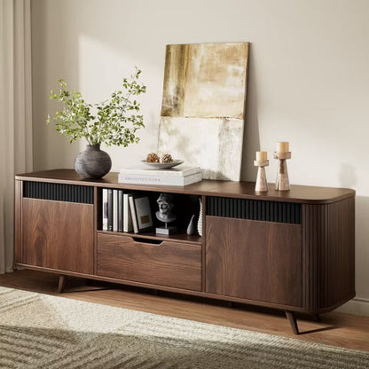 Qwatto 55'' Media Console TV Stand For TVs Up To 65'' Tambour Sliding Door Storage Cabinet With Charging Station Wood Legs Modern Entertainment Unit