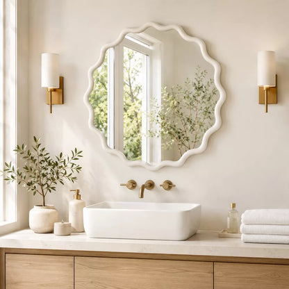 White 24" Wavy Round Solid Wood Frame Decorative Wall Mirror – Ideal for Bedroom, Bathroom, Living Room, Entryway, Farmhouse Decor