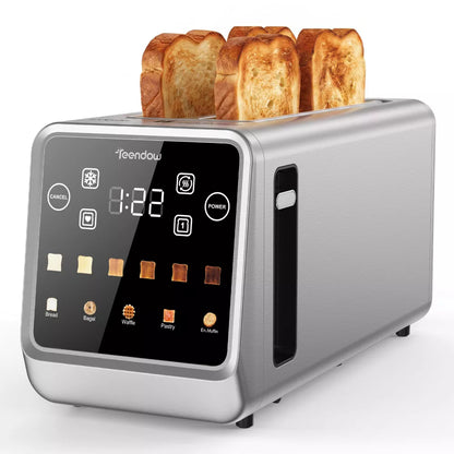 Teendow Touchscreen Toaster 4 Slice 1400W, Stainless Steel Smart Bread Toaster with 1.5" Wide, 5 Bread Modes, 6 Shade Settings