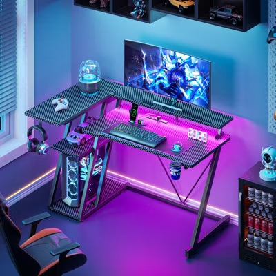 Qwatto 40'' Black Gaming Desk Small Space L Shaped Computer Table with Monitor Stand 3 Tier Storage Shelves Carbon Fiber Gamer